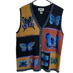 Vtg 90s J TWO New York Vest Large Womens Butterfly Embroidered Grannycore Teach